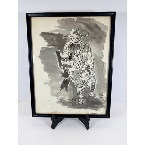 Other - Vintage 1964 Michael‎ W Ink Wash Drawing Man in Hat Artist Signed Framed Art